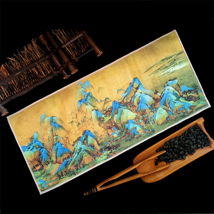 【福利款】千里江山图 麂皮绒茶巾17*39cm茶桌茶台紫砂壶垫布吸水