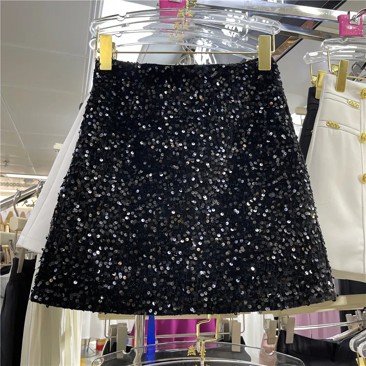 秋冬新款重工亮片a字半身裙女高腰百搭显瘦亮闪闪短裙时尚包臀裙