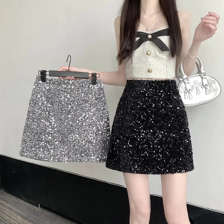 2025春夏秋款黑色高级感亮片半身裙女小众高腰显瘦短裙子有防走光