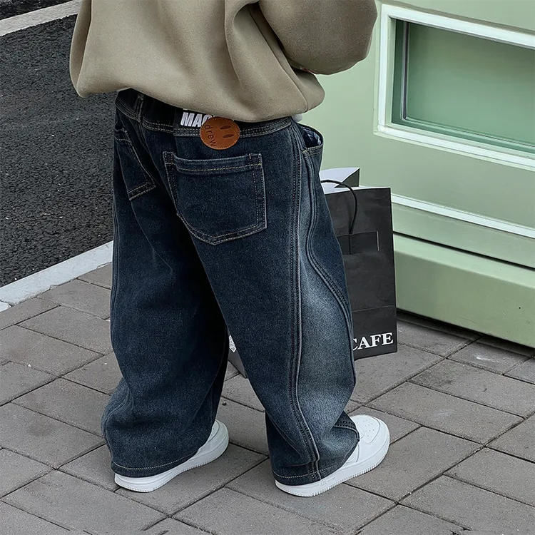 男童加绒加厚牛仔裤宝宝冬款直筒童裤2024冬装新款儿童一体绒裤子