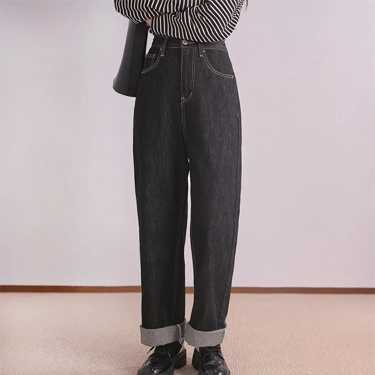 阔腿直筒明线牛仔裤黑色复古高腰显瘦百搭休闲女梨型新春秋加绒