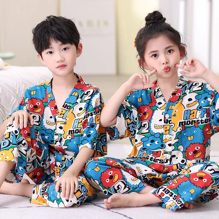 儿童夏季套装睡衣棉绸七分袖薄款男童绵绸宝家居服女童半袖空调服