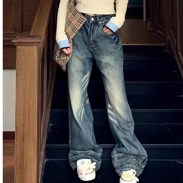 美式高街设计感猫须微喇牛仔裤女春秋款辣妹复古高腰宽松阔腿长裤