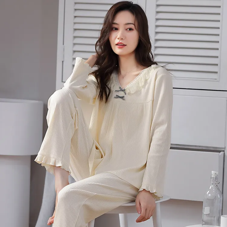 春秋季睡衣女款纯棉长袖简约大码休闲冬季全棉可外穿家居服两件套