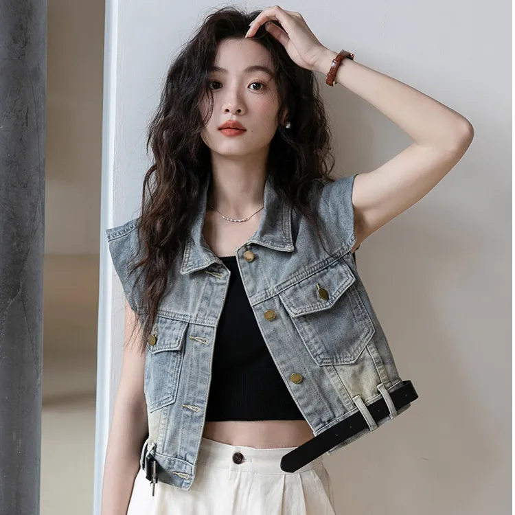 设计感牛仔马夹背心女夏季减龄小飞袖宽松复古坎肩短款外套上衣潮