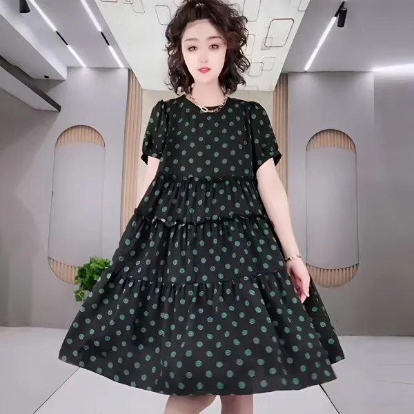 高档波点连衣裙女2025新款夏季宽松时尚洋气显瘦遮肉中长款裙子