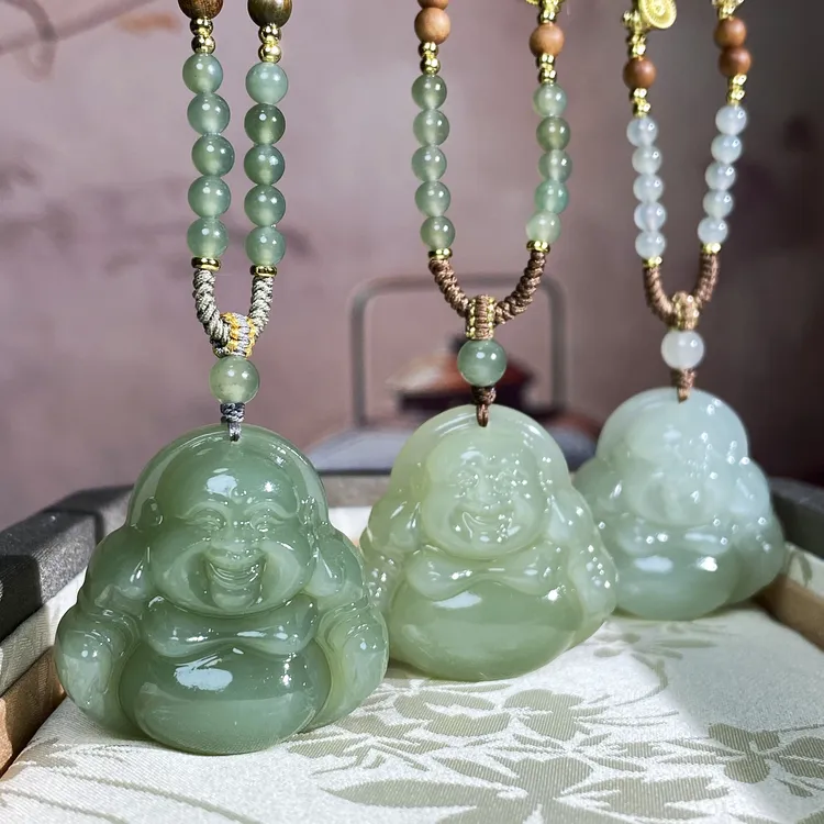 和田玉约35mm晴水冰底厚装弥勒佛佛公吊坠精美双面雕刻佛公玉坠