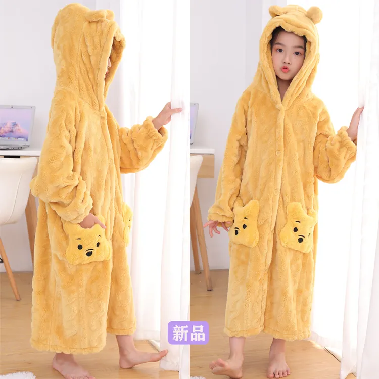 秋冬儿童睡袍加厚长款睡衣法兰绒中加绒小熊家居服童装亲子装浴袍