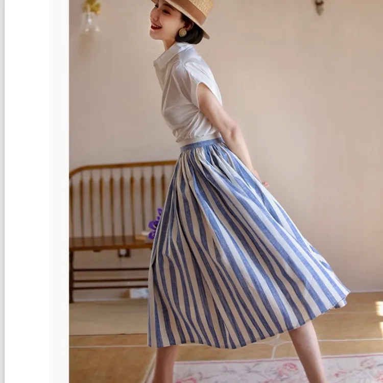 法式复古优雅显瘦条纹半裙女套装度假风大摆裙伞裙半身粗棉麻夏季