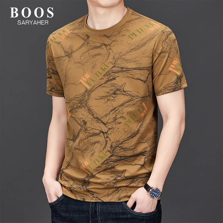 BOOSSARYAHER夏季时尚印花短袖圆领T恤商务休闲百搭男士短袖上衣