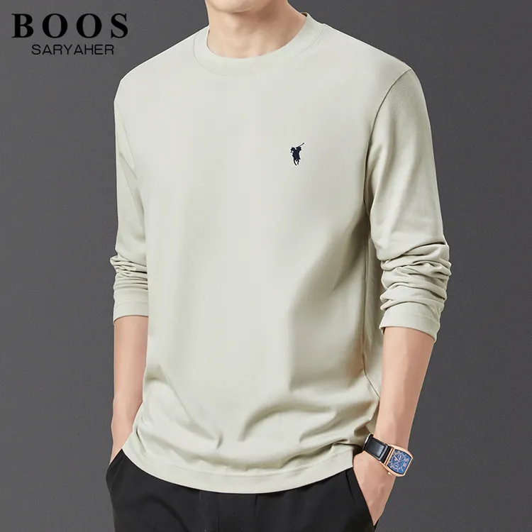 BOOSSARYAHER新款纯棉男士长袖t恤男装刺绣秋季宽松百搭上衣男