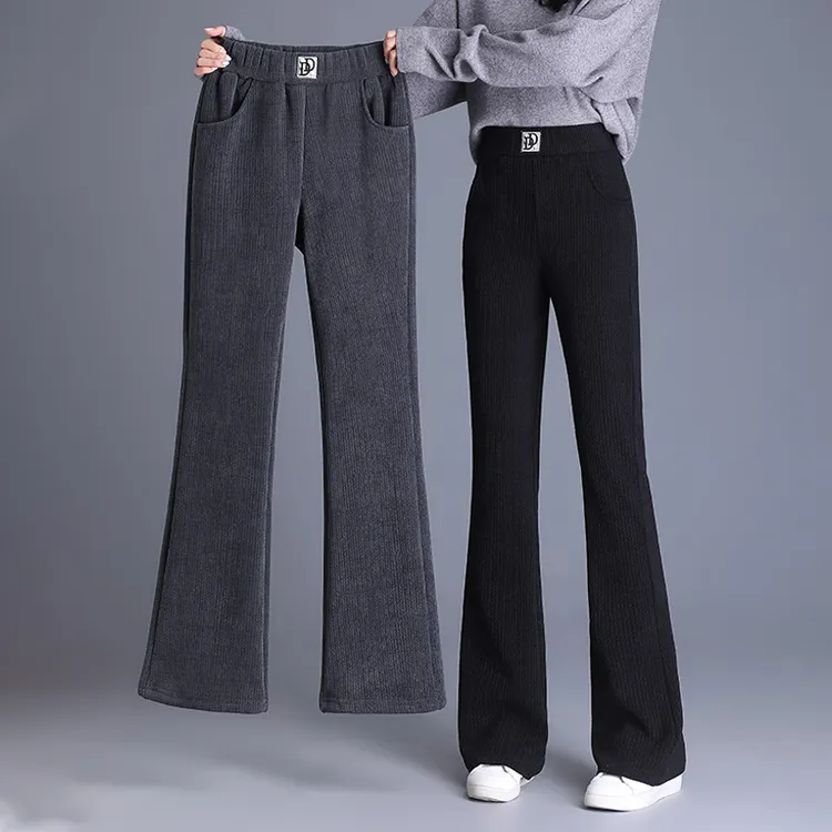 雪尼尔微喇裤女秋冬直筒中年妈妈加绒加厚裤子特厚羊羔绒保暖棉裤