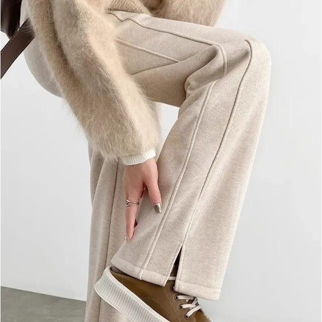 糯米裤子女秋冬2025新款高腰加绒直筒羊毛呢开叉人字纹窄版阔腿裤