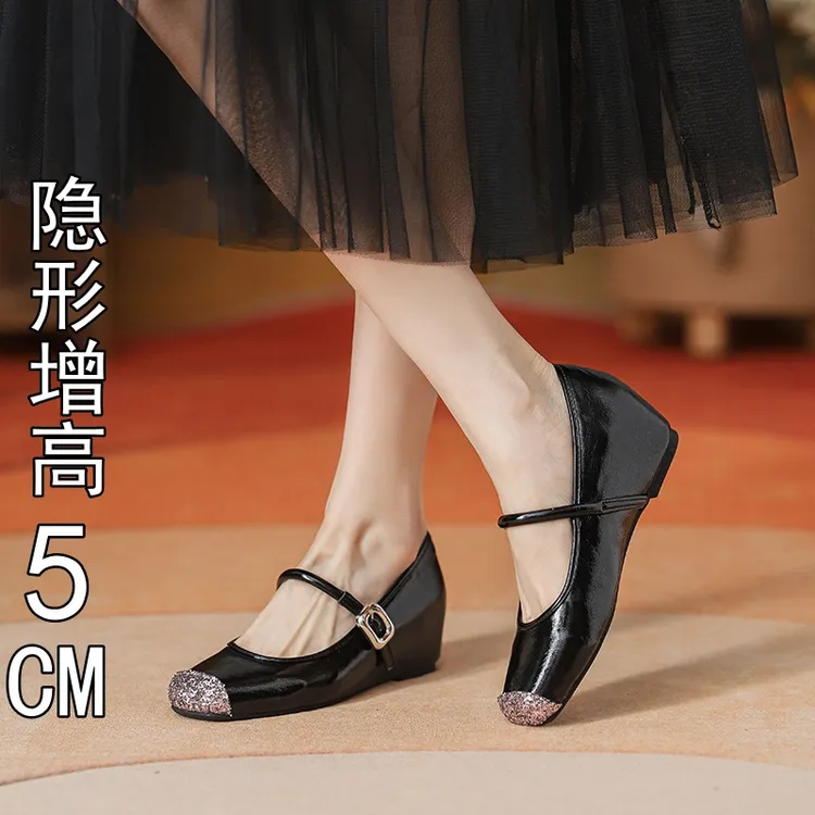 软底圆头银色内增高小个子单鞋浅口玛丽珍鞋女2024新款夏季黑色鞋