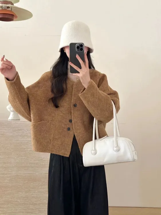 【秋冬新款.H】早秋新款气质百搭V领短款小香风羊毛大衣2836款