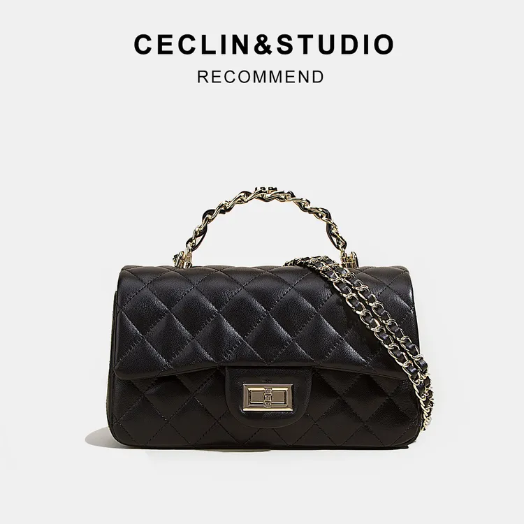 CECLIN包包女斜挎小包迷你小包手柄包真皮时尚黑色包包链条斜挎包