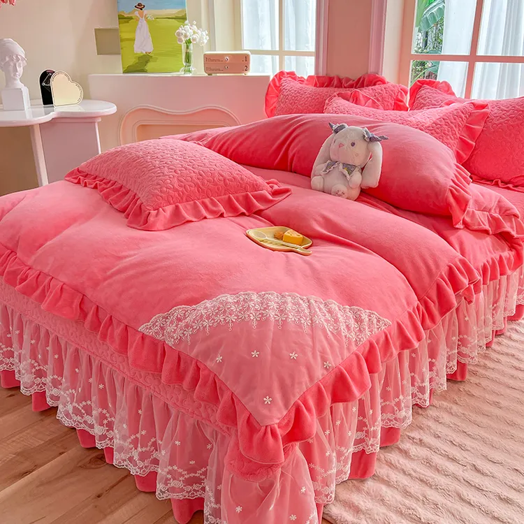 11斤加厚牛奶绒夹棉床盖加绒双面绒被套榻榻米防滑夹棉韩版三件套