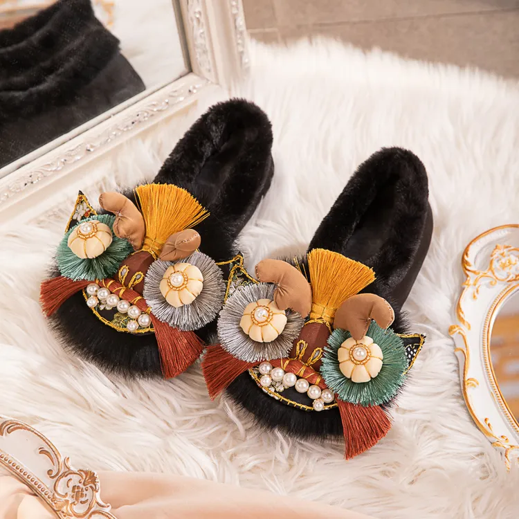 原创中国风手作虎头鞋毛毛棉鞋龙头贴布绣花鞋加绒加厚保暖居家鞋