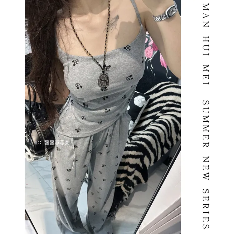 MAN HUI MEI【米奇套装】夏季小众显瘦吊带 垂垂高腰裤休闲套装女