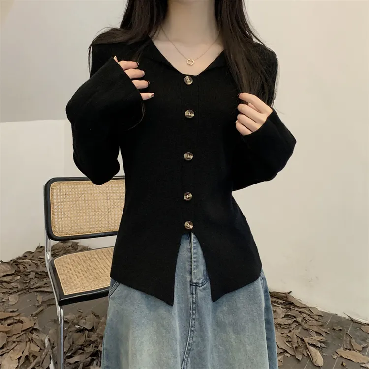 黑色V领针织毛衣女秋冬打底衫女内搭修身开叉针织衫上衣