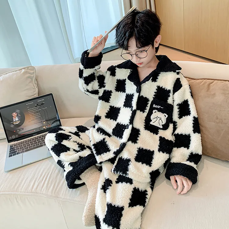 儿童装男童冬装珊瑚绒睡衣秋冬款青少年加厚冬季男孩法兰绒家居服