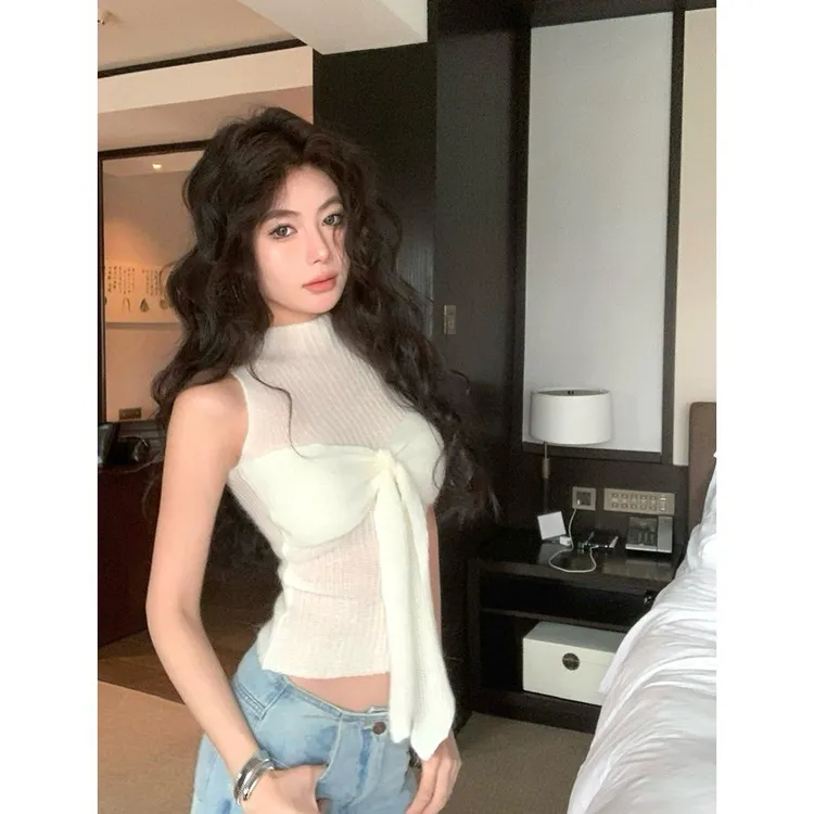纯欲灰色微透蝴蝶结针织背心女早春性感挂脖修身短款无袖上衣外穿