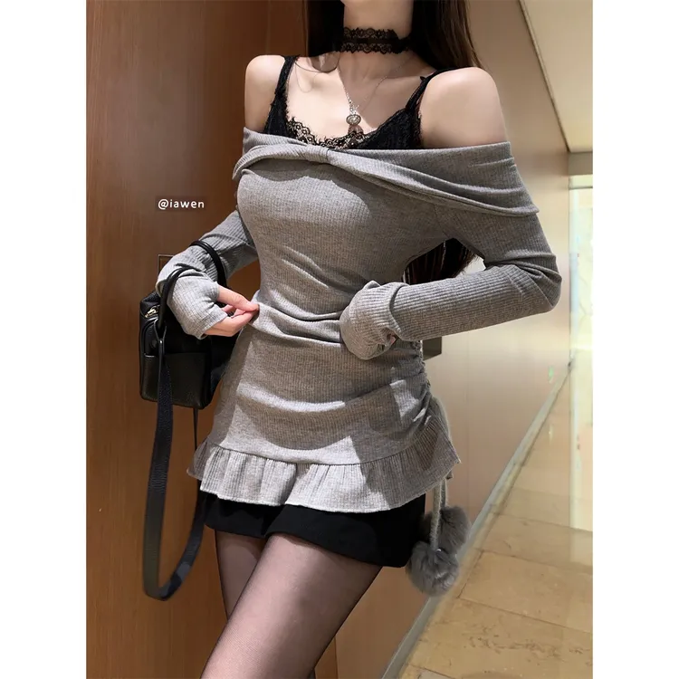 轻奢潮牌款设计感小众蕾丝吊带裙+叠穿一字肩抽绳长袖针织连衣裙