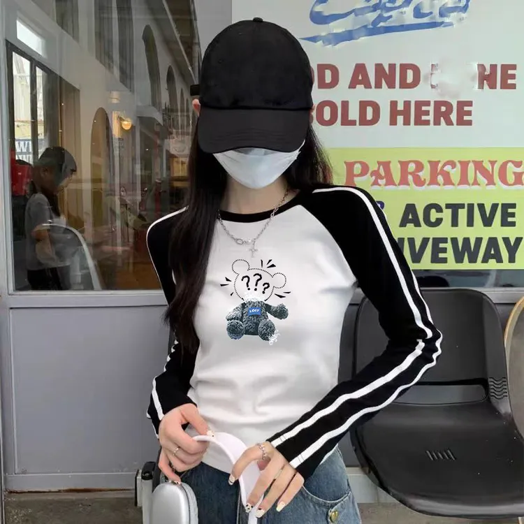 撞色插肩复古袖t恤女短上衣初秋季美式辣妹ins长袖打底衫内搭