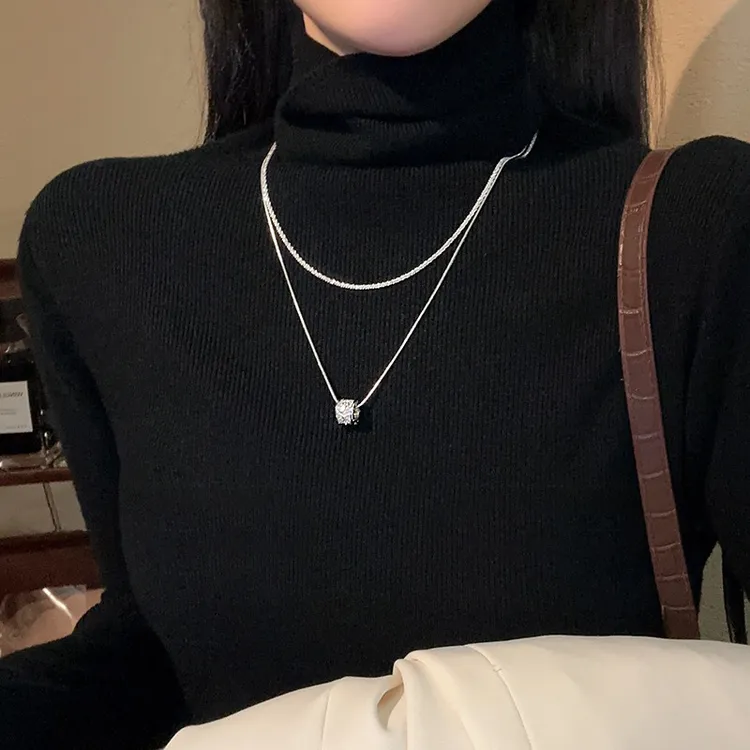 新款双层精致项链女粗链条钛钢多层圆环镂空小蛮腰转珠锁骨毛衣链