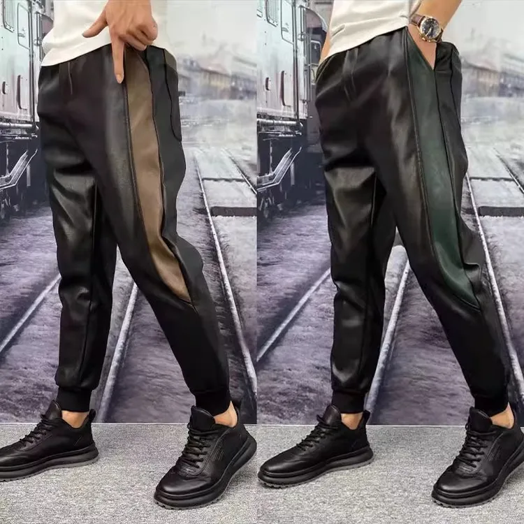 皮裤男秋冬新款外卖骑行百搭束脚长裤潮流弹力宽松拼接防风休闲裤