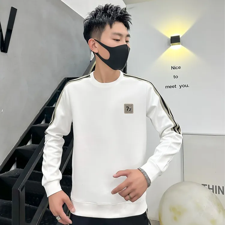 秋冬季新款加绒卫衣男长袖T恤圆领套头华夫格休闲上衣重磅打底衫