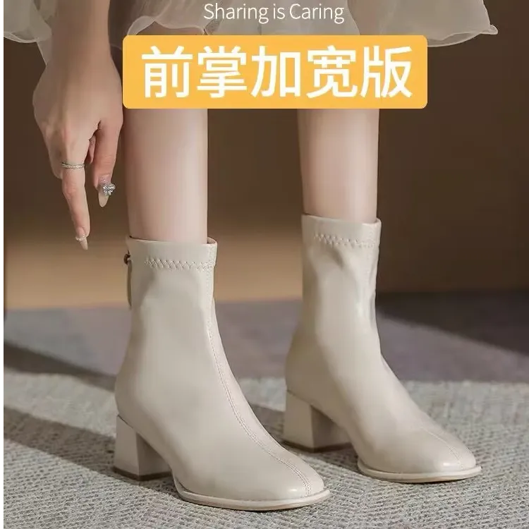 白色高跟短靴女2025年秋冬法式加绒保暖防滑增高粗跟瘦瘦靴马丁靴