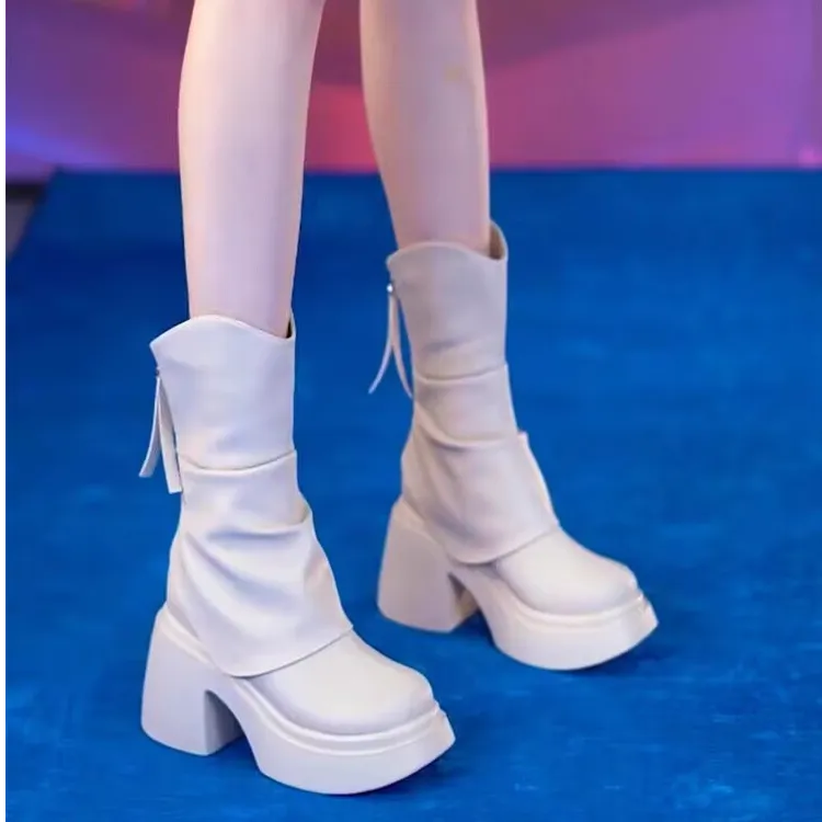 白色短靴女松糕厚底小个子增高弹力瘦瘦靴真软皮显瘦中筒靴马丁靴