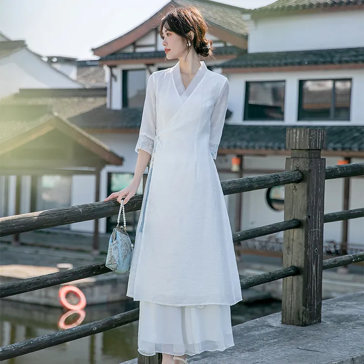中式国风禅意女装禅服茶服汉元素古风仙气白色天丝茶服汉服连衣裙