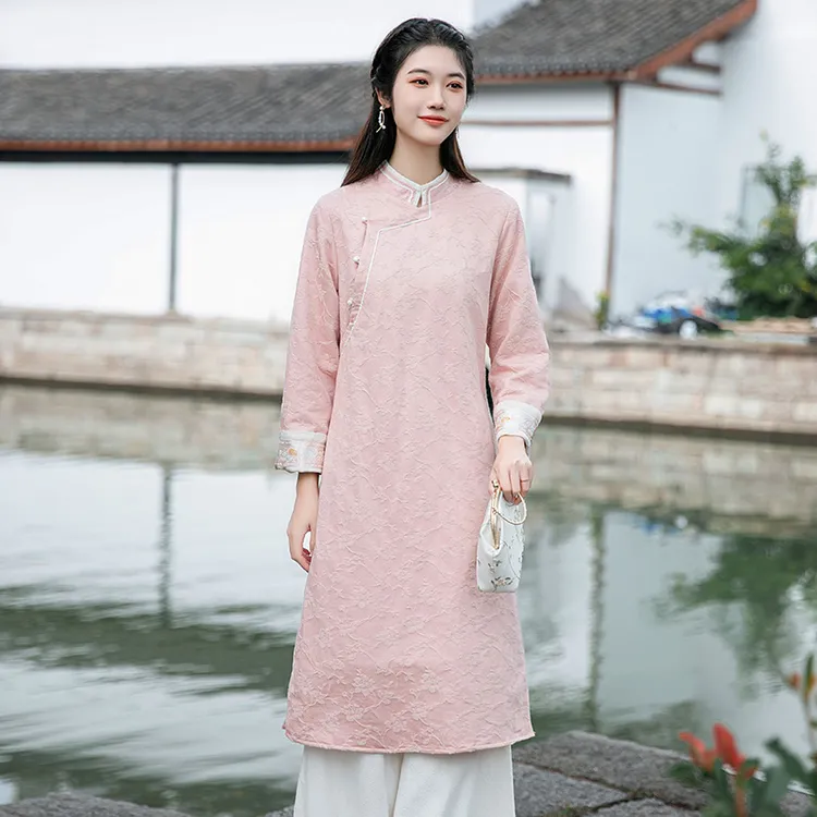 新中式风裙子秋冬日常改良汉服裙立领禅意茶服加厚加绒奥黛旗袍裙