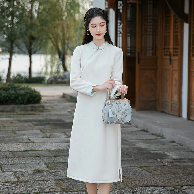 秋冬中国风女装气质长款连衣裙中式立领禅意茶服长袖加绒加厚汉服