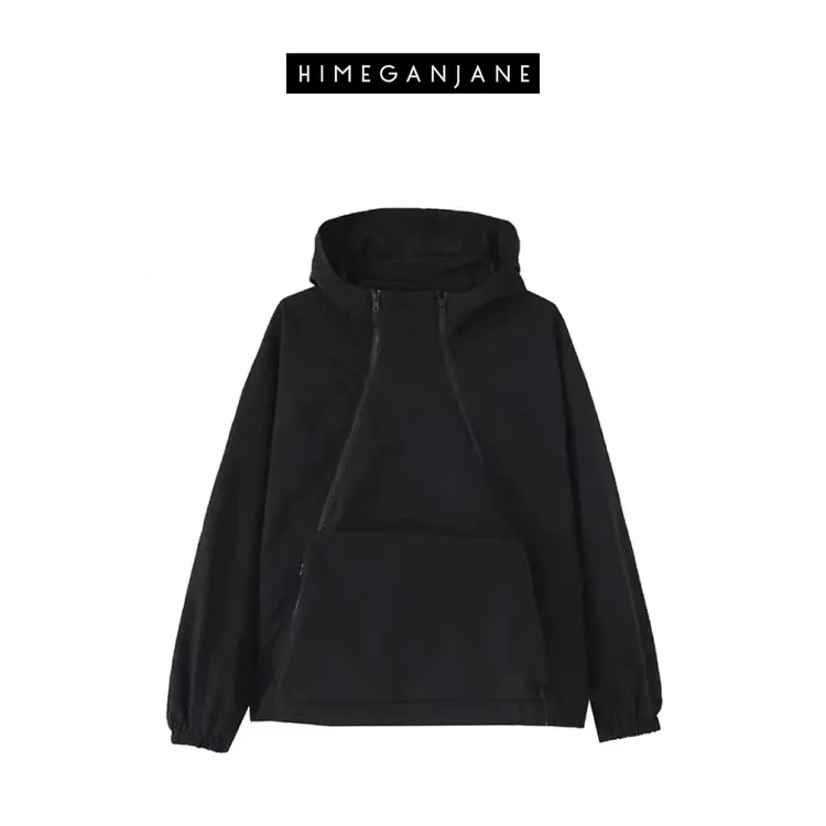 HIMEGANJANE 插肩袖连帽户外风黑色运动百搭宽松外套10452