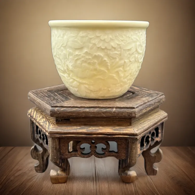 定瓷主人杯、高档茶具茶杯陶瓷万花缸浮雕茶杯、定瓷、定窑五大名窑