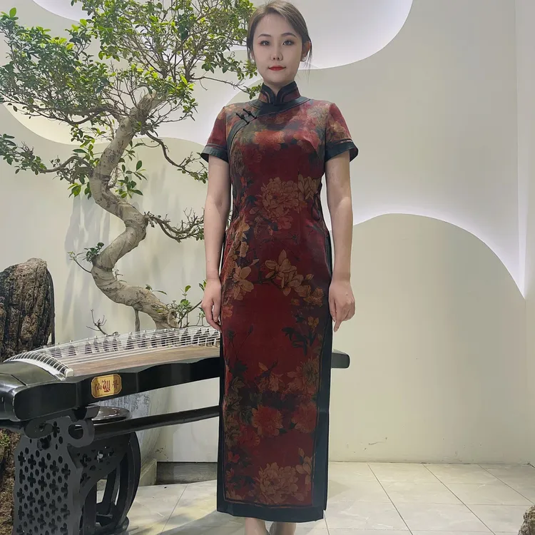 懿菲 海蓝花格 100%桑蚕丝 小斜襟 旗袍 YF1936S152-S583