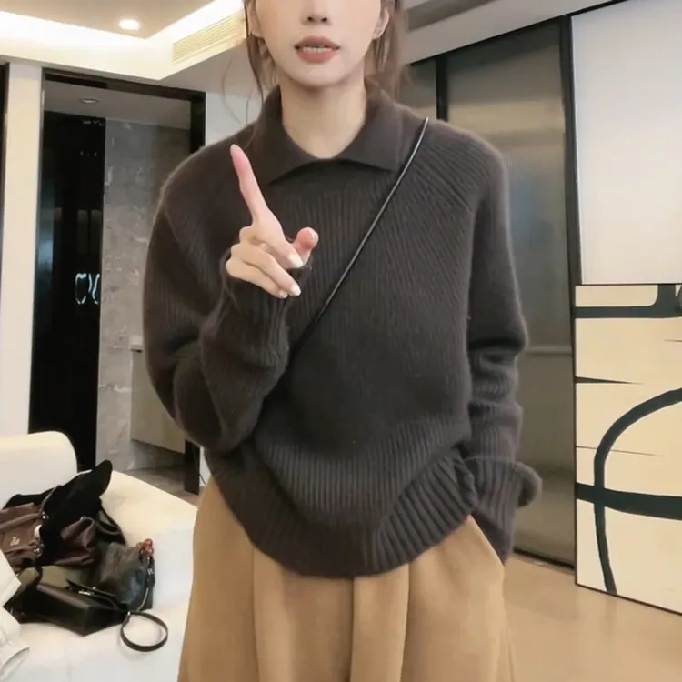 韩版时尚小众百搭显瘦翻领针织小衫春秋爆款气质宽松遮肉减龄毛衣