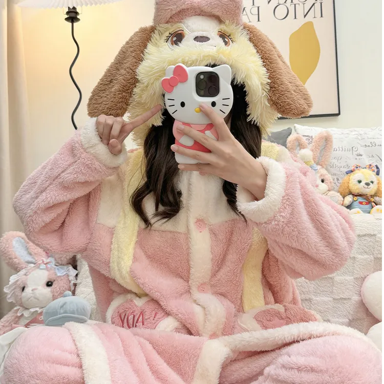 冬季加绒加厚连帽睡袍少女派对小狗珊瑚绒睡衣女可外出家居服套装