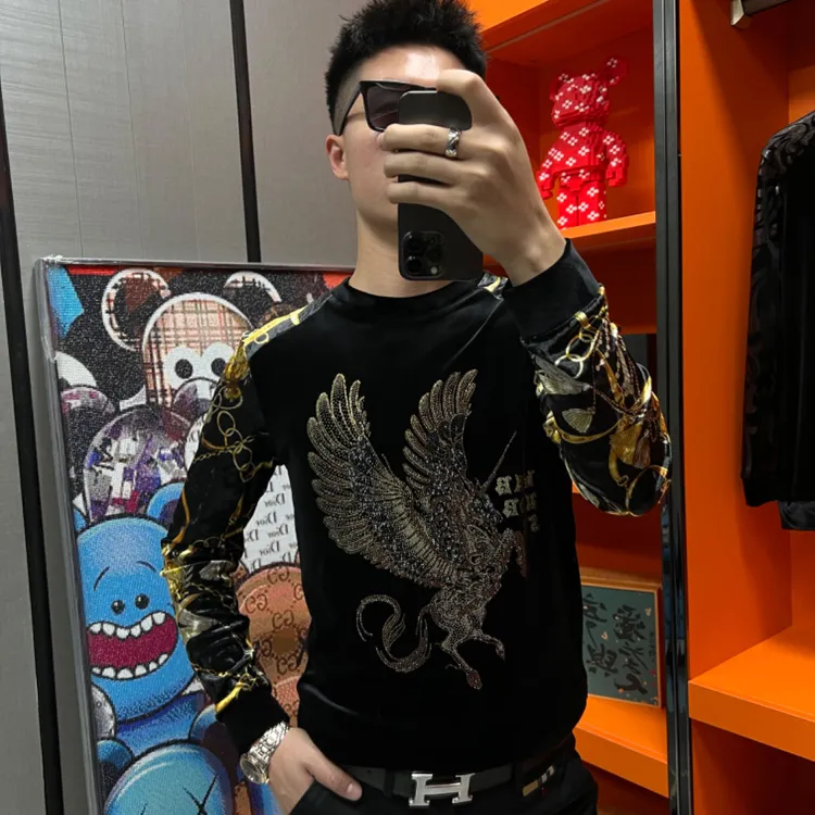 6238秋冬新款轻奢高品质欧货男装商务休闲时尚打底长袖丝绒T恤