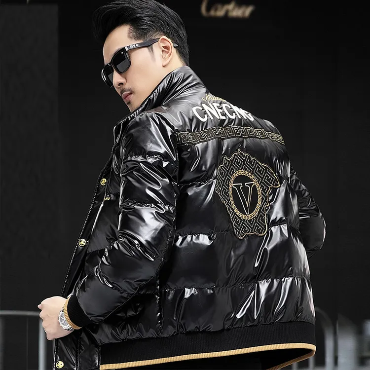 潮牌男短款冬季新款立领亮面爆款免洗刺绣时尚保暖外套潮流羽绒服