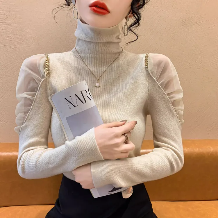 法式气质小香风网纱拼接针织衫女秋冬内搭打底衫高领洋气长袖上衣