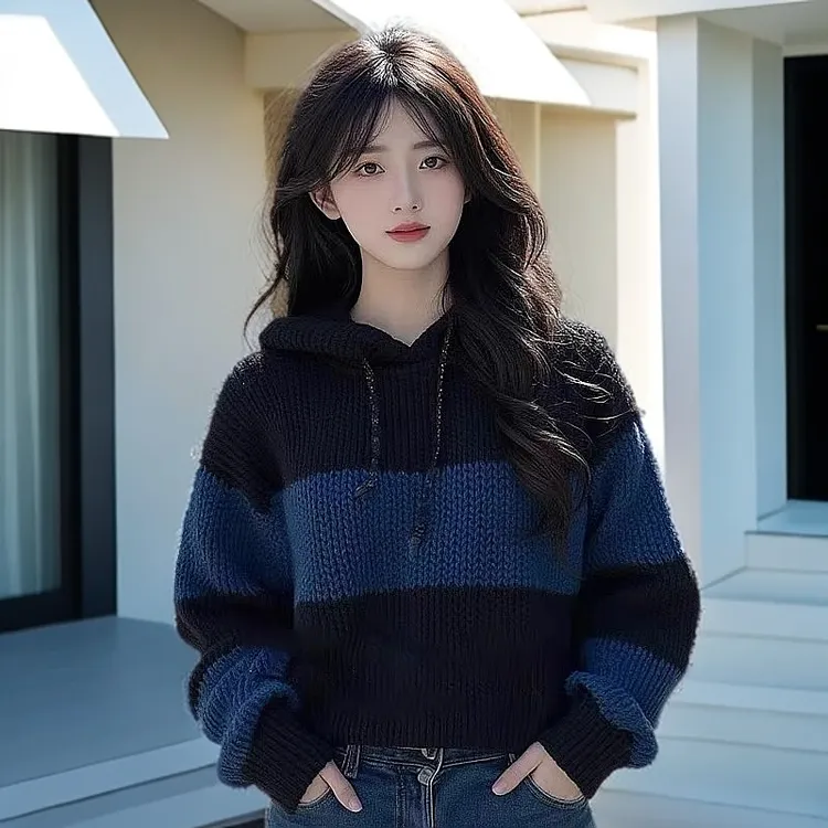 韩版黑蓝撞色连帽卫衣女2024秋冬新款美式复古穿搭软糯显瘦针织衫