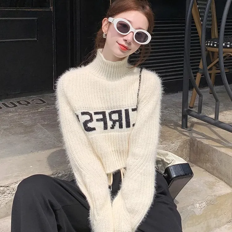 韩系字母提花水貂毛高领毛衣女秋冬2025新款小个子短款针织衫上衣