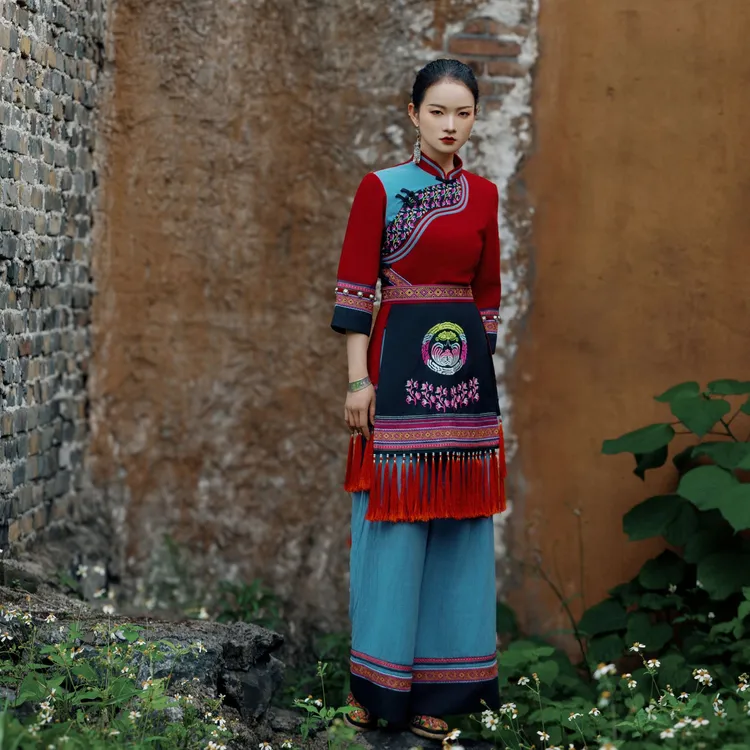 【仫飞原创民族服饰】新款国潮民族风砖红色套装