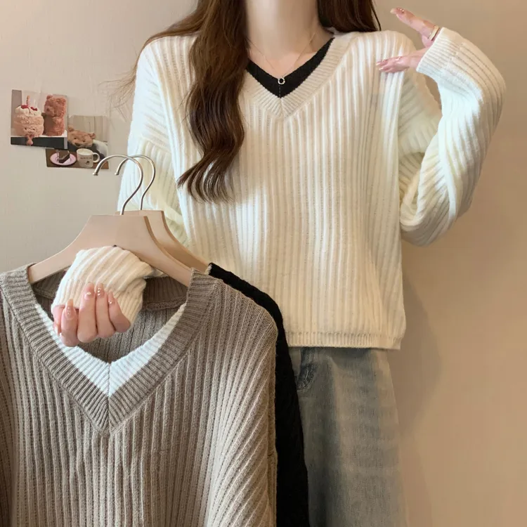 针织打底衫女内搭春秋冬小个子百搭显瘦设计感上衣假两件V领毛衣