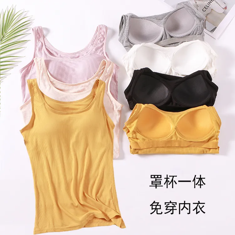 女士带杯长款一体式自带胸垫打底时尚百搭夏季罗纹背心无钢圈