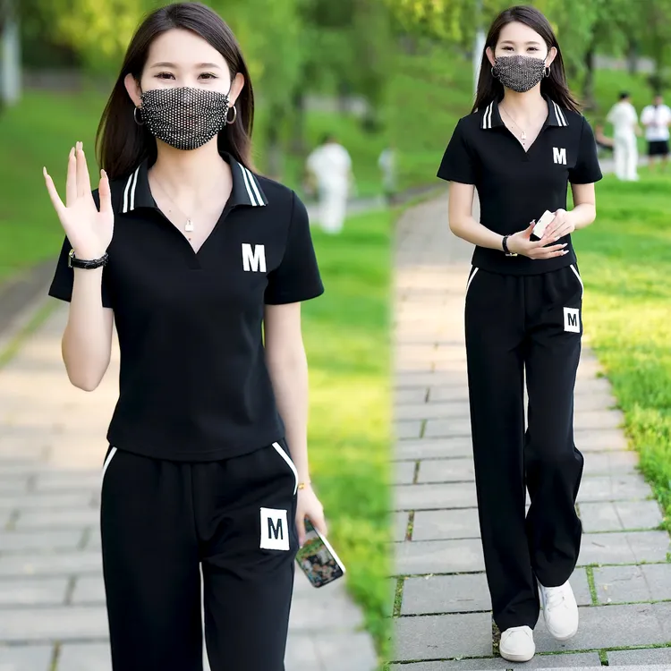 黑色M简约休闲百搭运动套装女 短袖T恤女+直筒宽松长裤两件套装夏